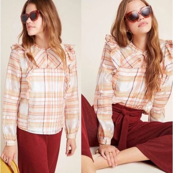 ANTHROPOLOGIE x CURRENT AIR Polly Ruffle Plaid Blouse Orange Cream {S41} - Picture 2 of 6
